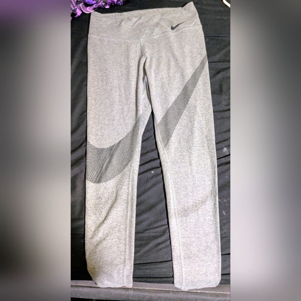 Nike Women's Gray Dri Fit Power Leggings with Black Swoosh